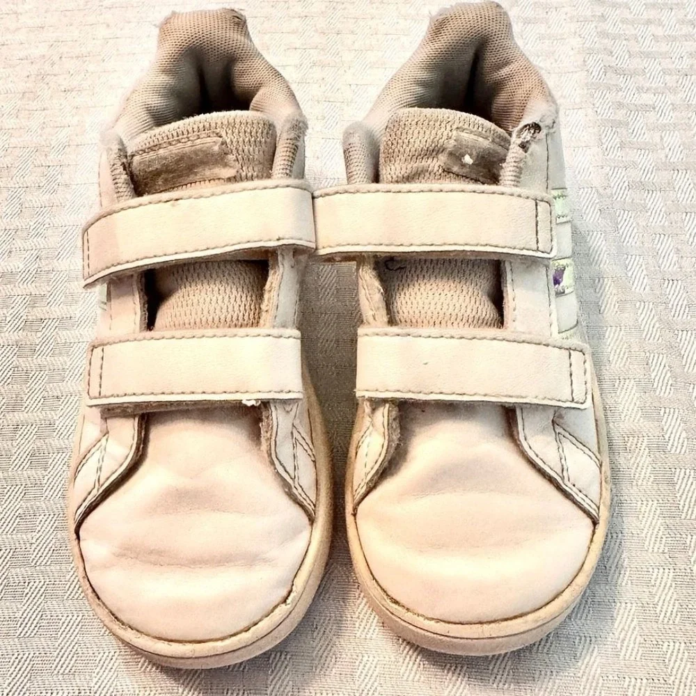 Adidas Advantage‎ Shoes Toddler 9K White Iridescent Stripes Velcro Sneakers